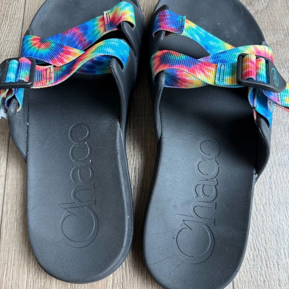 Chaco Chillos men size 11 rainbow tie dye slide sandals black